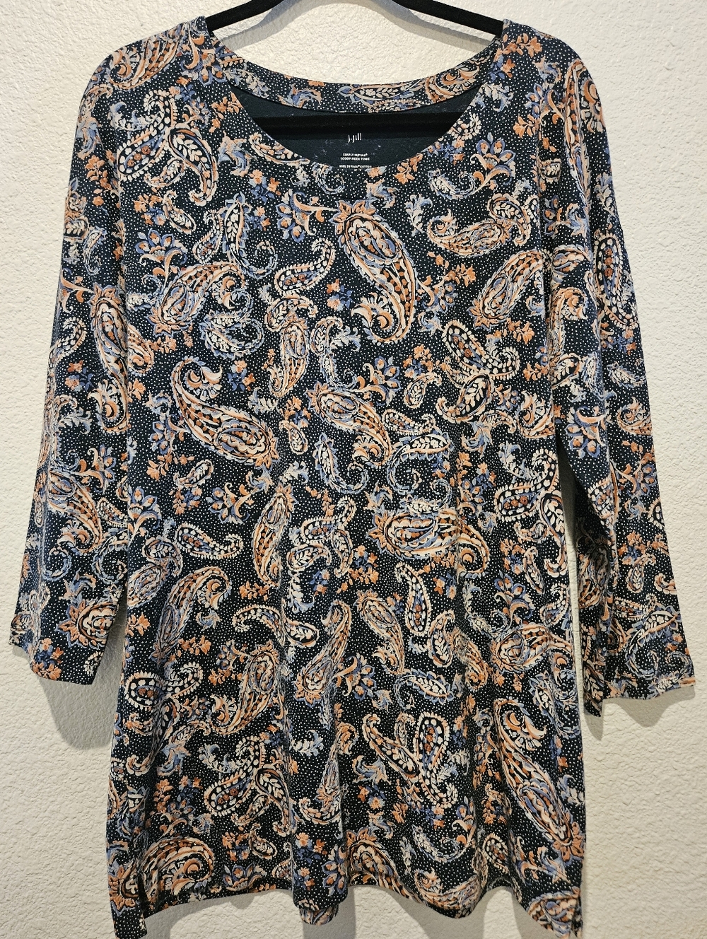 J Jill Simply Supima Scoop Neck 3/4 Sleeve Paisley Floral Tunic Top Size M